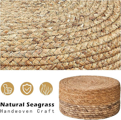 Wimarsbon Round Foot Stool Natural Seagrass Poufs Ottoman Hand Weave Footrest Stool for Couch Desk Extra Seat Step Stool with Solid Wood Legs for Hallway Patio Lounge Brown