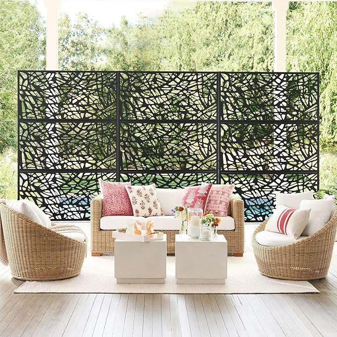 Elevens Metal Outdoor Privacy Screen, Freestanding Outdoor Divider Decorative Privacy Fence Screen,Outdoor Decorative Privacy Screens and Panels for Balcony Patio,72" H×47" W (Black-Mesh)