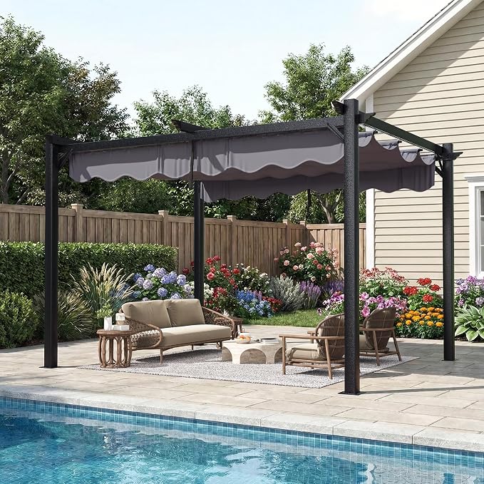 10'x12' Outdoor Pergola with Retractable Canopy | Patio Metal Heavy-Duty Gazebo by PolarAurora