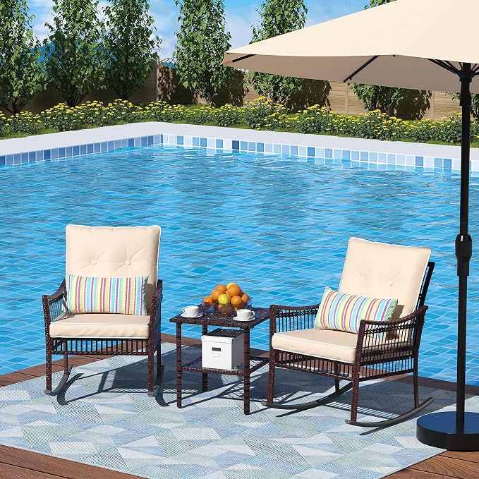 DECMICO 3-Piece Patio Furniture Set, Wicker Rocking Chairs - Image 2