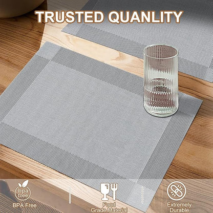 BETEAM Placemats Set of 6, Woven Vinyl Placemat for Dining Table Washable Wipeable Kitchen Place Mats Durable Indoor Outdoor Table Mats