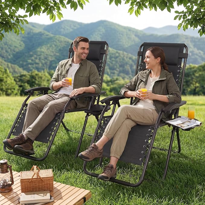 Set of 2 Adjustable Zero Gravity Lounge Chairs Outdoor Recliner w/Cup Holder - Image 2