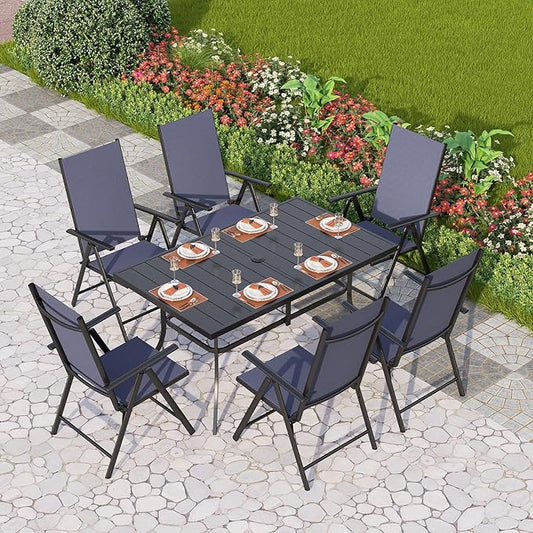 PHI VILLA Patio Dining Set with Outdoor Table and Chairs, Outdoor Dining Table Set for 6 with Adjustable Foldable Patio Chairs & Metal Steel Table for Garden, Blue