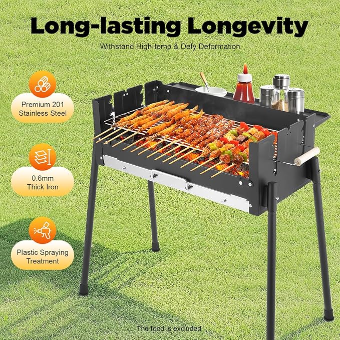 Portable Charcoal Grill, Stainless Steel Folding BBQ Grills w/Storage Shelf Outdoor Cooking Barbecue Grill Tool Kits for Garden Backyard Party Picnic Travel Outdoor Height Adjustable