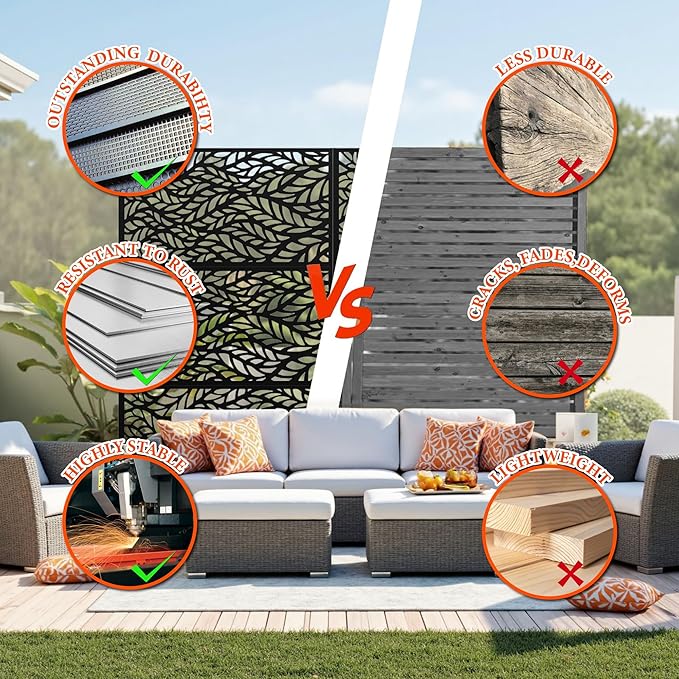 GarveeLife Metal Privacy Screen 72" h x 47" w, Outdoor Privacy Screens and Panels, Freestanding Decorative Fence for Patio Lawn Garden Deck Balcony, 3-Panel with Stand for Outdoor & Indoor Use