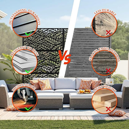 GarveeLife Metal Privacy Screen 72" h x 47" w, Outdoor Privacy Screens and Panels, Freestanding Decorative Fence for Patio Lawn Garden Deck Balcony, 3-Panel with Stand for Outdoor & Indoor Use