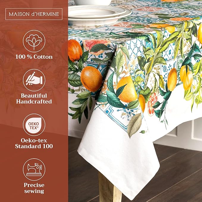Maison d' Hermine Table Cloth Square Table 100% Cotton 60 x 60 Inches Tablecloth Reusable Decorative Everyday Use for Dining Room, Farmhouse, Home, Party, Festive & Wedding Spring Summer - Agrume