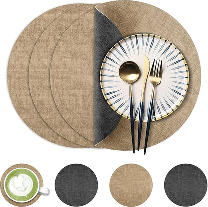13-Inch Faux Leather Round Placemats Set of 4, Waterproof Anti-Slip Dual Sided Place mats, Heat Resistant Washable Table Mats with Coaster, Suitable for Indoor & Outdoor (4, Black Light Coffee)