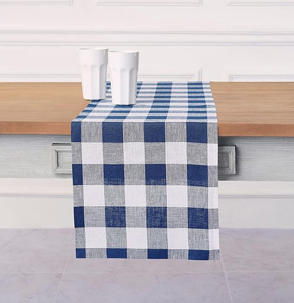 Solino Home Linen Checkered Table Runner 36 Inches - 100% Pure Linen Blue and White Buffalo Check Table Runner 14 x 36 Inch Ideal for Dresser and Coffee Tables - Winter, Spring, Easter