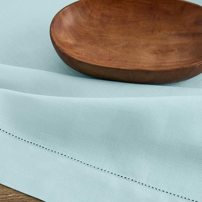 Solino Home Linen Aqua Blue Table Runner 144 Inches Long - 100% Pure Linen Extra Long Table Runner 14 x 144 Inch for Spring, Easter - Classic Hemstitch