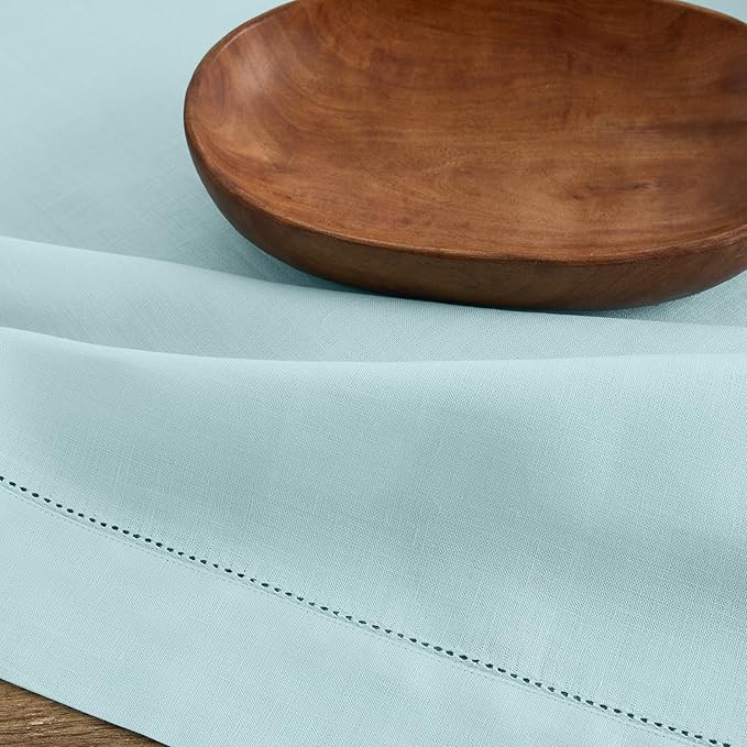 Solino Home Linen Aqua Blue Table Runner 132 Inches Long - 100% Pure Linen Extra Long Table Runner 14 x 132 Inch for Spring, Easter - Classic Hemstitch