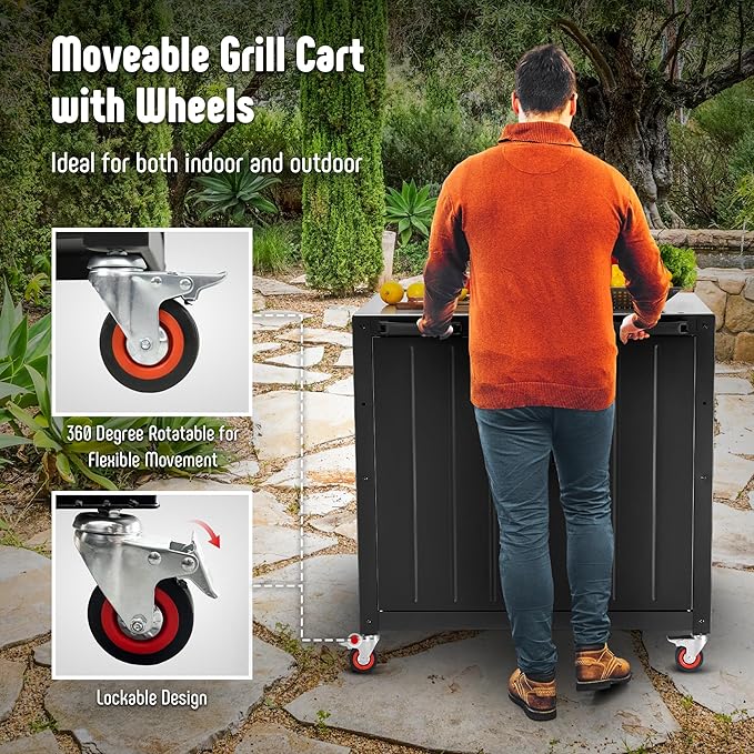 Grill Table, Outdoor Bar Cart Grill Cart with Storage Cabinet, Modular Outdoor Kitchen Island, Outdoor Grill Station with 304 Stainless Steel Top for Lawn & Garden, L35.4 x W24