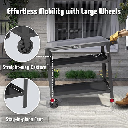 31.5"x18" Outdoor Grill Cart with Stainless Steel Tabletop, Movable Grill Table with Seasoning Rack & Magnetic Tools Holder, Backyard BBQ Kitchen Food Prep Table for Portable Grill & Pizza Oven