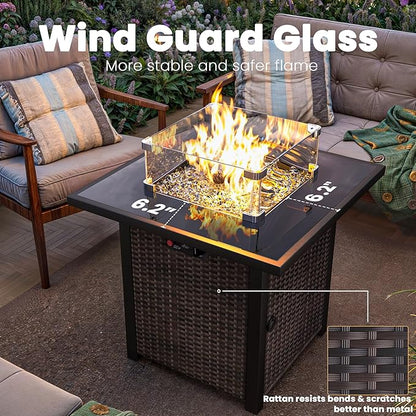 Propane Outdoor Fire Pit Table, 28" Rattan Square Fire Pit Table, Outdoor Gas FirePit W/Glass Wind Guard, Tempered Glass Tabletop, Lid, CSA Listed, 50,000 BTU, Outside Patio Deck & Garden, Brown