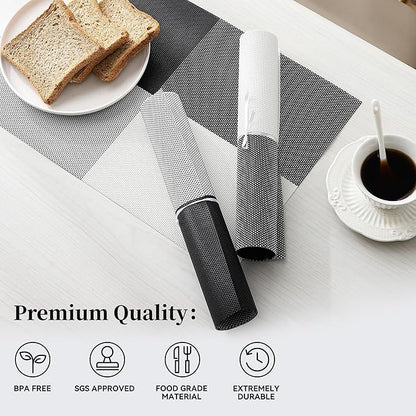 Leetaltree Gray with White Grid Pattern Placemats Set of 6 - Heat Resistant Non-Slip Place mats for Dining Table, Washable Durable PVC Vinyl Woven Table Mats（Grey Grid, 6）