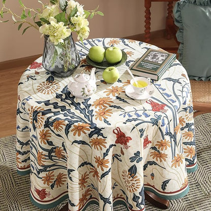 French Vintage Round Tablecloth,Linen Tablecloth with Gold and Red Floral Pattern,Decorative Table Cover for Kitchen,Dining,Thanksgiving,Party,Living Room,Diameter 67"-Tijuana
