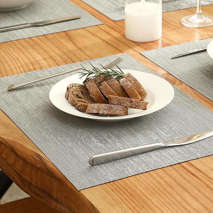 Leetaltree Grey Placemats, Heat Resistant Non-Slip Place mats for Dining Table, Washable Durable PVC Vinyl Woven Table Mats (Set of 16)