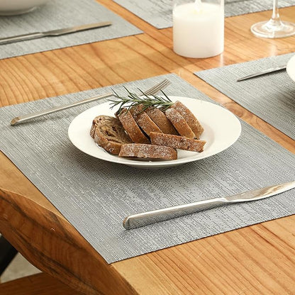 Leetaltree Grey Placemats, Heat Resistant Non-Slip Place mats for Dining Table, Washable Durable PVC Vinyl Woven Table Mats (Set of 12)
