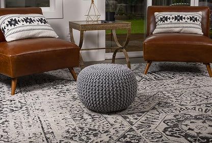BIRDROCK HOME Round Pouf Ottoman | Cotton Braided Foot Stool with Bean Bag Filling | Boho Foot Rest for Living Room & Bedroom | Compact & Comfortable Seating, Lightweight & Soft | Light Grey