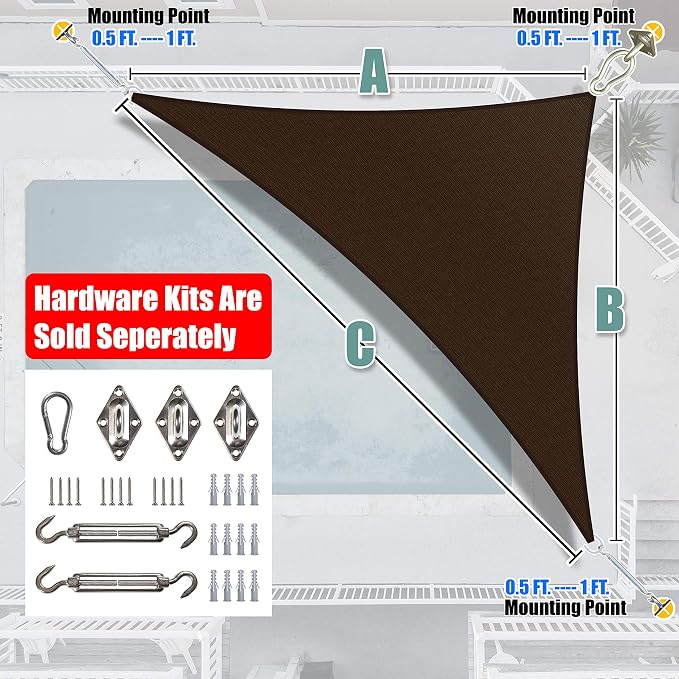 Amgo Custom Size 9' x 10' x 13.5' Brown Right Triangle Sun Shade Sail UPF50+ - Image 6