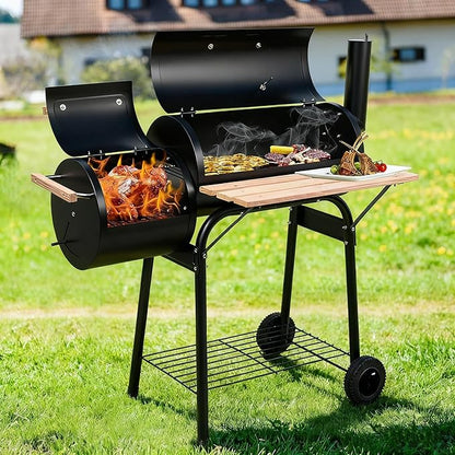 30 Inch Barrel Charcoal Grill & Smoker with Side Fire Box, Outdoor BBQ Grill for Patio Cooking with Front Wood Shelf & Wheels, Black