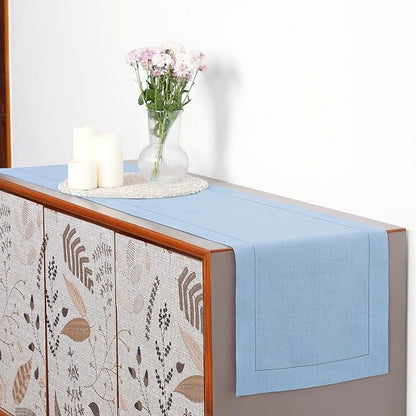 D'Moksha Homes Linen Powder Blue Table Runner 84 Inches Long - 100% Pure Linen Table Runner 14 x 84 Inch for Spring, Easter - Classic Hemstitch