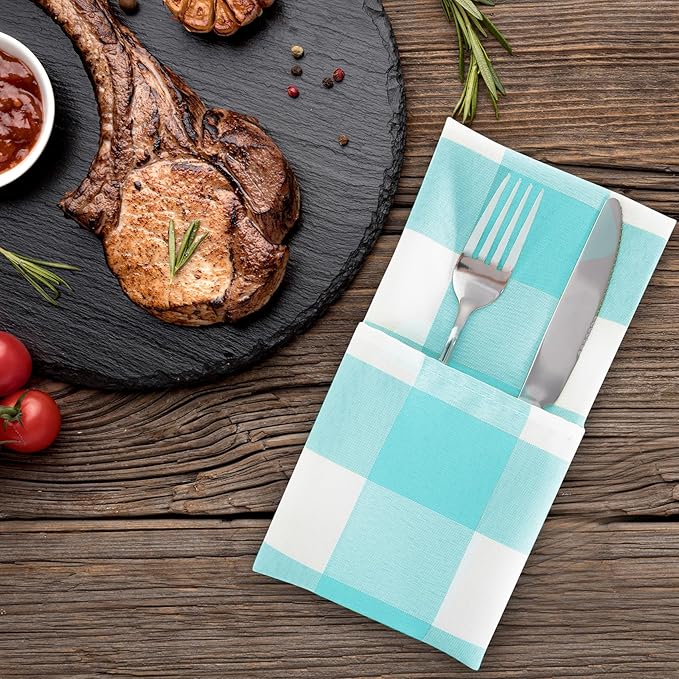 Cupuamon Buffalo Plaid Table Napkins Set of 100, 17x17 inch, Aqua and White, Polycotton Blend, Plaid Pattern