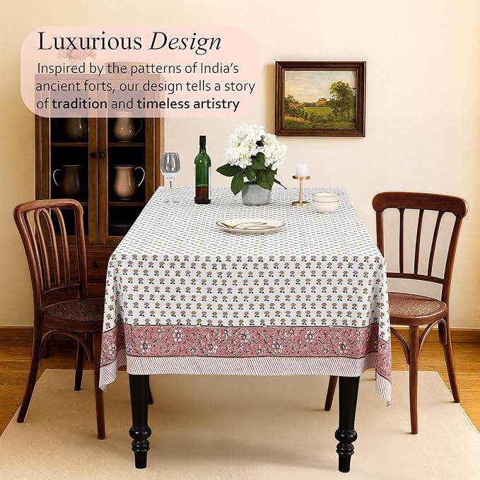 CPC Rosette Bloom Tablecloth 100% Cotton 80x120 Inch Indian Block Print Rectangle Table Cover, Table Cloth for Gifting in Weddings, Halloween, Fall, Christmas, Thanksgiving