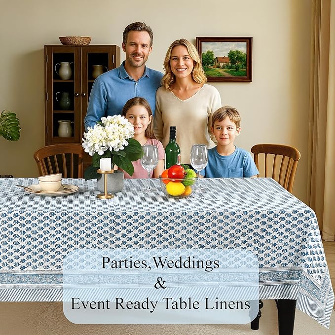 CPC Apatite Blue Floral Hand Block Printed 100% Cotton Tablecloth 60x108 Rectangular Reusable and Washable Boho Dining Table Cloth Thanksgiving