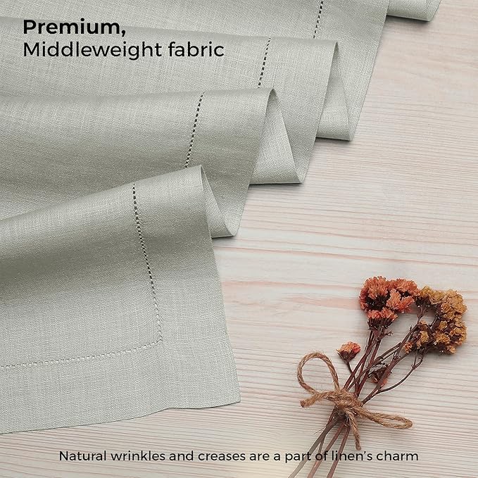 D'Moksha Homes Linen Silver Grey Table Runner 84 Inches Long - 100% Pure Linen Table Runner 14 x 84 Inch for Spring, Easter - Classic Hemstitch