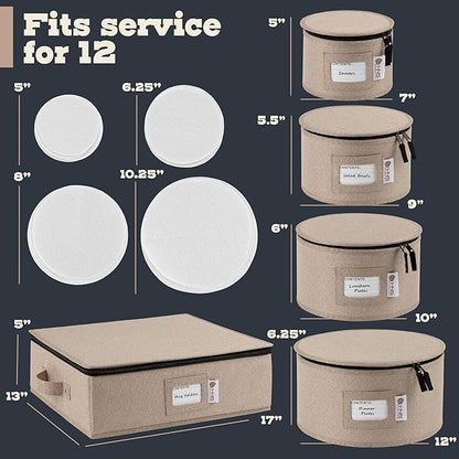 China Storage Hard Shell Containers 5-Piece Set Moving Boxes for Dinnerware, Glasses, Plates, Mugs and Saucers Sturdy Dish Organizer with Dividers for Seasonal Storage - Service for 12 - Brown