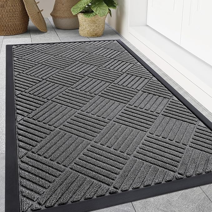 Smiry Front Door Mat Outside Entrance, Heavy Duty Outdoor Indoor Natural Rubber Doormat, Non Slip, Trap Dirt and Moisture, Easy Clean, Low Profile Patio Porch Entryway Mat, 59x35, Grey