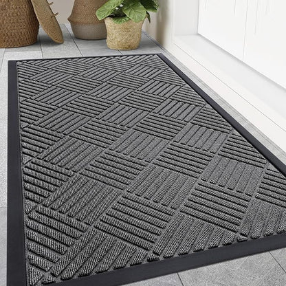Smiry Front Door Mat Outside Entrance, Heavy Duty Outdoor Indoor Natural Rubber Doormat, Non Slip, Trap Dirt and Moisture, Easy Clean, Low Profile Patio Porch Entryway Mat, 59x35, Grey