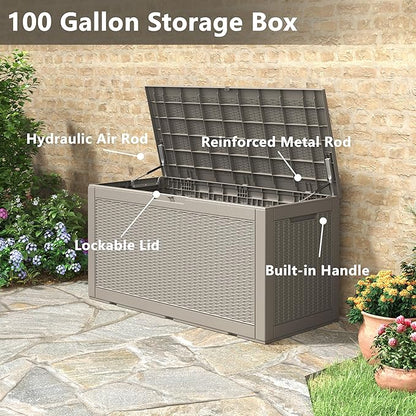 Outdoor Storage Box, Resin Deck Boxes Indoor and outdoor, Waterproof Storage Box Lockable Lid (Grey, 100 Gallon)