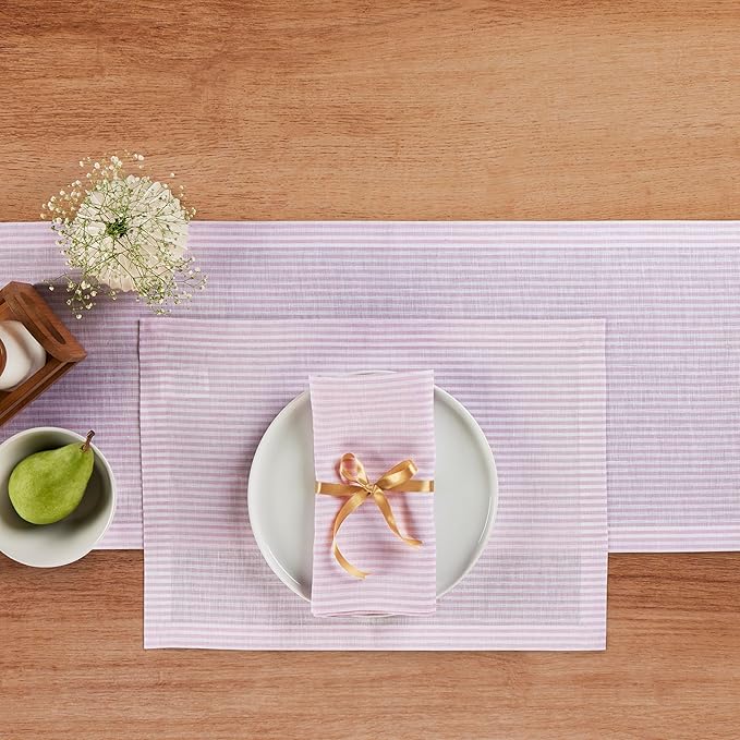 Solino Home Linen Table Runner 132 Inches Long - Narrow Stripe, 100% Pure Linen Pink and White Farmhouse Table Runner 14 x 132 Inch for Dining, Valentines, Spring, Easter