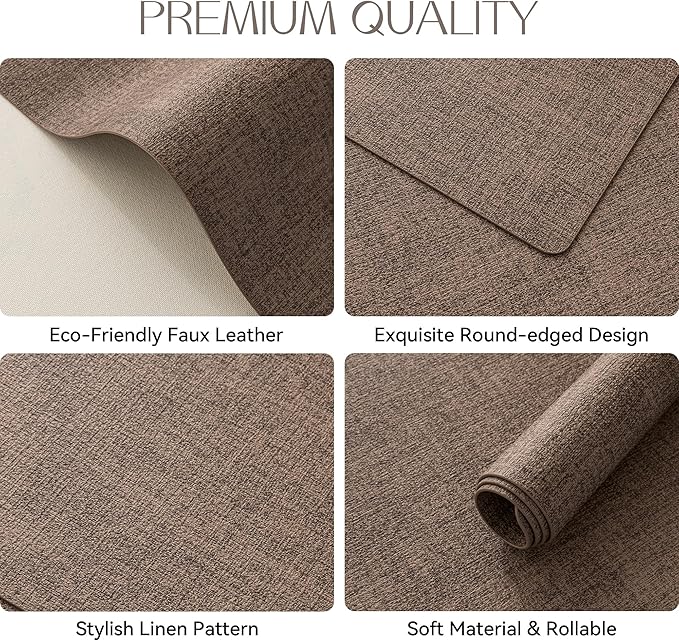 Romanstile Vinyl Placemats Set of 4-12 X 17 Inch - Heat Resistant Place Mats 100% Waterproof Oilproof Wipeable Reversible Faux Leather Table Mats for Kitchen, Dining, Party, Outdoor, Brown