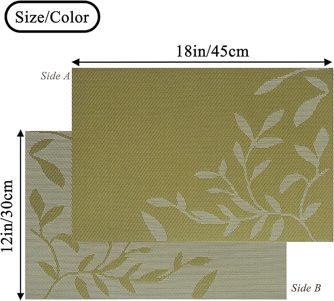 Leaf Placemats Set of 4, Non-Slip Heat-Resistant 18" x 12" Vinyl Washable Placemats for Kitchen Indoor Outdoor Party Birthdays Weddings Decoration (Green)