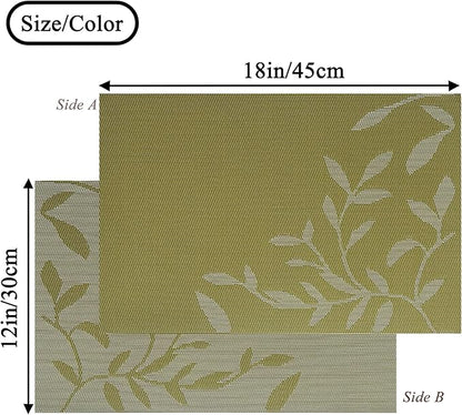 Leaf Placemats Set of 4, Non-Slip Heat-Resistant 18" x 12" Vinyl Washable Placemats for Kitchen Indoor Outdoor Party Birthdays Weddings Decoration (Green)