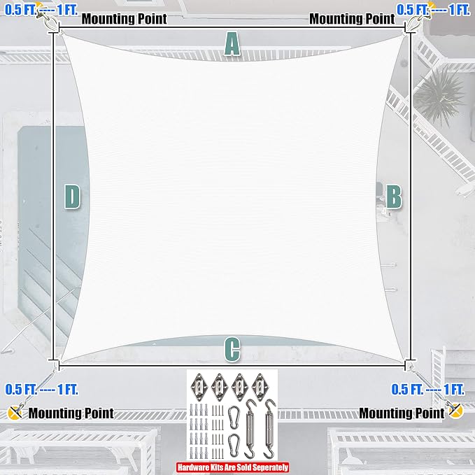 Amgo Custom Size 7' x 11' White Rectangle Square Sun Shade Sail UPF50+ - Image 7