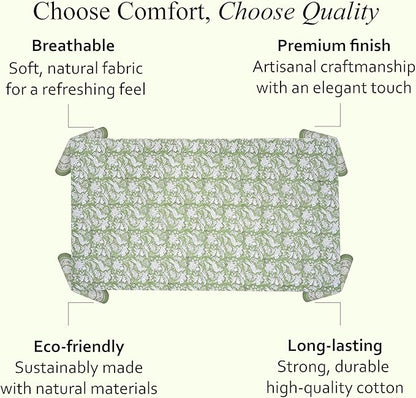 CPC Tablecloth 100% Cotton 72x160 Inch Indian Block Print Rectangle Table Cover, Blue Table Cloth for Weddings, Spring/Summer, Barbeque - Olive Green