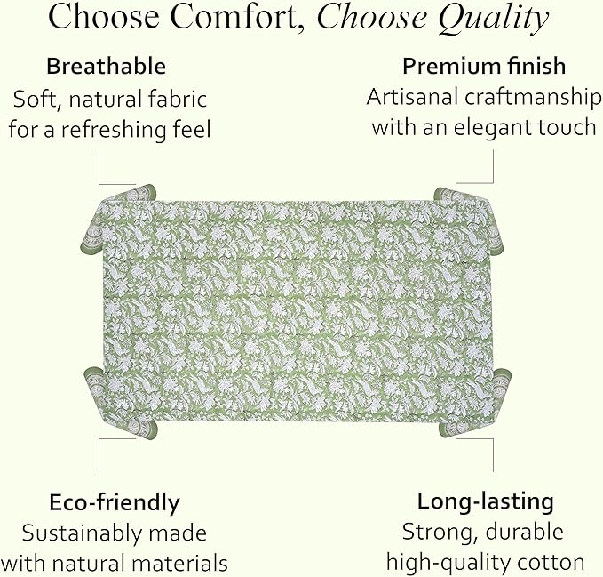 CPC Tablecloth 100% Cotton 60x60 Inch Indian Block Print Square Table Cover, Table Cloth for Weddings, Spring/Summer, Barbeque - Olive Green