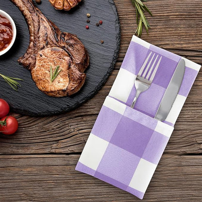 Buffalo Plaid Table Napkins Set of 25 Checkered Cloth Napkins 17x17 inch Washable Dinner Gingham Pattern Napkins Soft Napkins for Wedding Party Dining Banquet(Lavender and White)