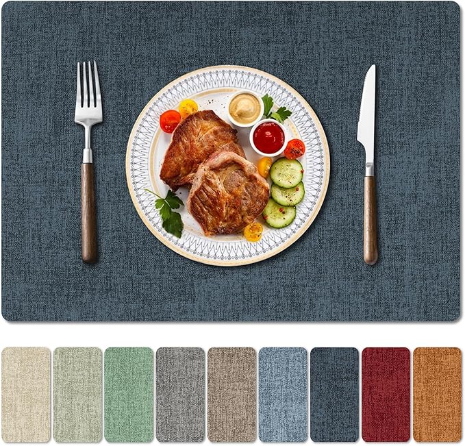 Faux Leather Heat Resistant Placemats Set of 6 – Waterproof Oilproof Wipeable Dining PU Vinyl Place Mat Easy Clean Table Mats for Kitchen/Dining/Party/Holiday, Navy Blue