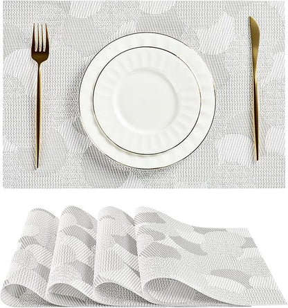 Leetaltree White Placemats Set of 4 - Heat Resistant Non-Slip Place mats for Dining Table, Washable Durable PVC Vinyl Woven Table Mats（White Circle, 4）