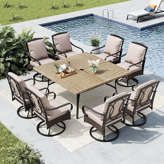 MFSTUDIO 9 Pieces Outdoor Dining Set for 8, Patio Dining Sets with Swivel Chairs, Wood-Like Metal Outdoor Table and Chairs, Large Heavy Duty Patio Dining Furniture for 8, Deck, Backyard