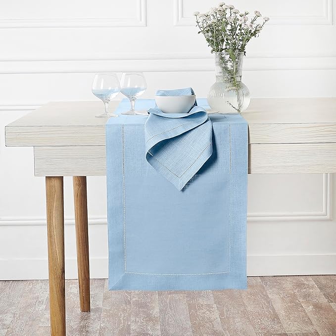 D'Moksha Homes Linen Powder Blue Table Runner 84 Inches Long - 100% Pure Linen Table Runner 14 x 84 Inch for Spring, Easter - Classic Hemstitch