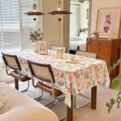 Rectangle Outdoor Tablecloth Linen Textured Washable Waterproof Table Cloth, Floral Decorative Table Cover for Dining, Farmhouse, Wedding, Party, Easter - 60 x 108 Inch, Flowers and Birds