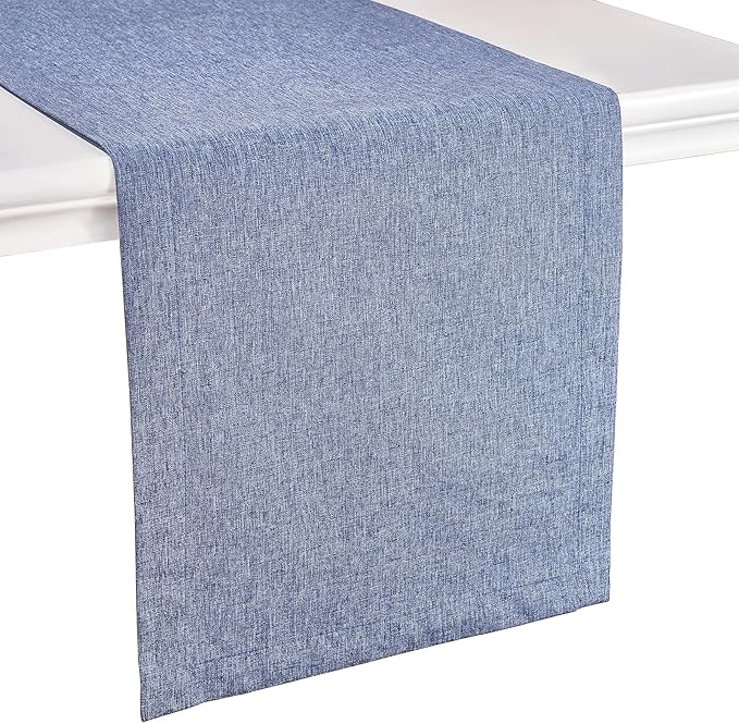 Mebakuk Linen Farmhouse Table Runner Large Burlap Style Soft and Waterproof Decorative Fabric Runner for Outdoor Wedding and Dinner (14 x 144 Inch, Denim Blue)