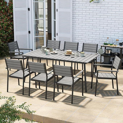 70" Patio Outdoor Dining Table for 6, Weather-Resistant Aluminum Frame with Wood-Grain Top & Umbrella Hole for Deck Gatherings, Grey