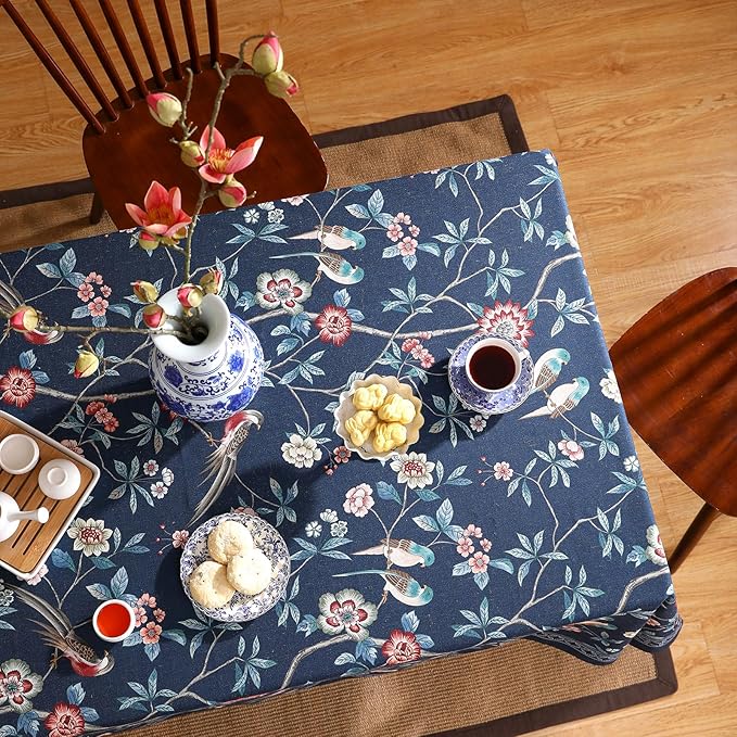 patdrea Designer Dark Blue Linen Rectangular Tablecloth,Vintage Navy French Floral and Birds Pattern Table Cloth,Decoration Table Cover for Kitchen,Dining,Tea Party,Home,Christmas,63"*110"
